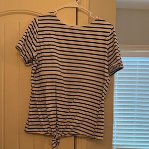 Nursing Queen White and Black Striped Short Sleeve Tie-Front Tee